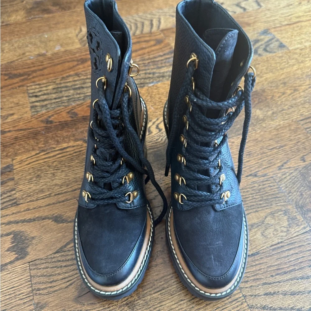 Tory Burch combat boots Black Leather Ankle Boots Sz 6